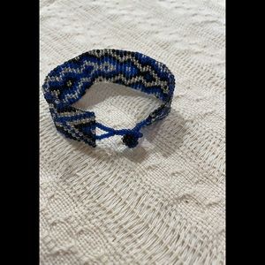 Huichol Seed Bead Bracelet Blue Silver Black / Artisan Tribal Vintage